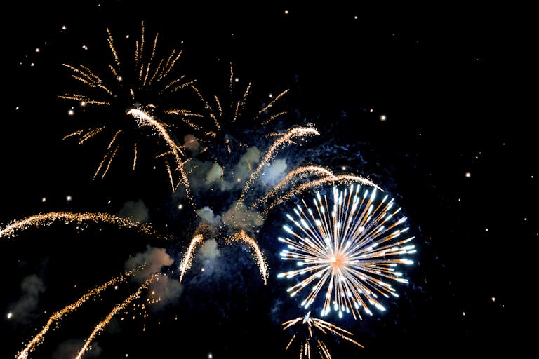Vibrant fireworks illuminate the night sky, celebrating a festive event with bright and vivid explosions.